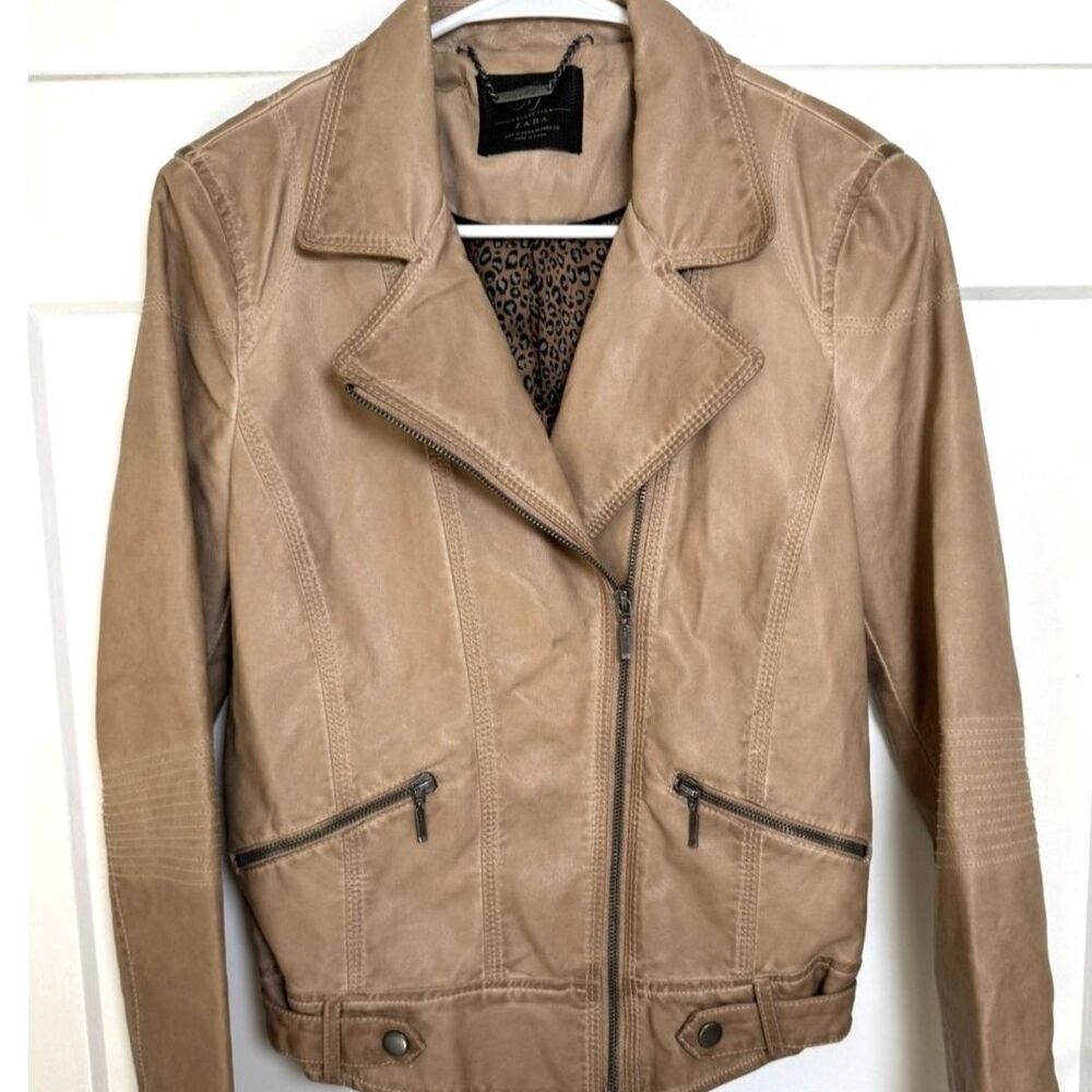 Zara TRF Trafaluc Faux Leather Jacket Women's Medium M Camel Distressed Moto